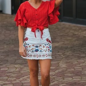 Umgee Skirts Umgee Floral Embroidered White Denim Skirt Size small